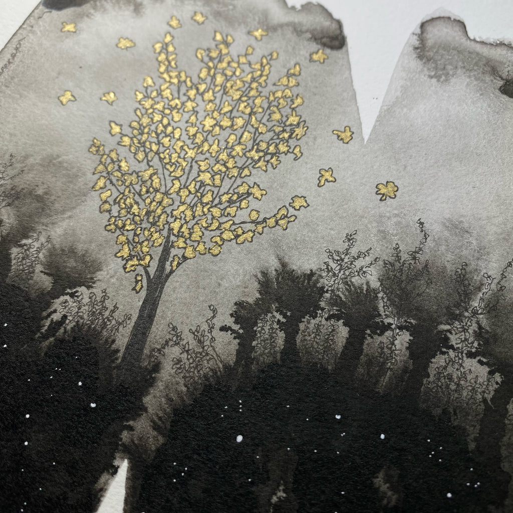 Beauty in the Upside Down 6 - Gold Leaves - Original Drawing - 8”x10”