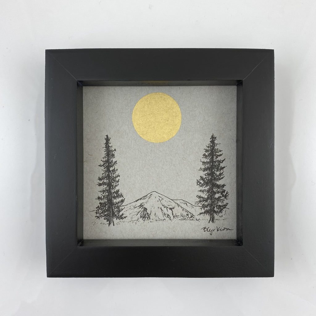 Sun, Mountain and Tree Twins - Grey and Gold Collection #3 - Original drawing - 4"x4"