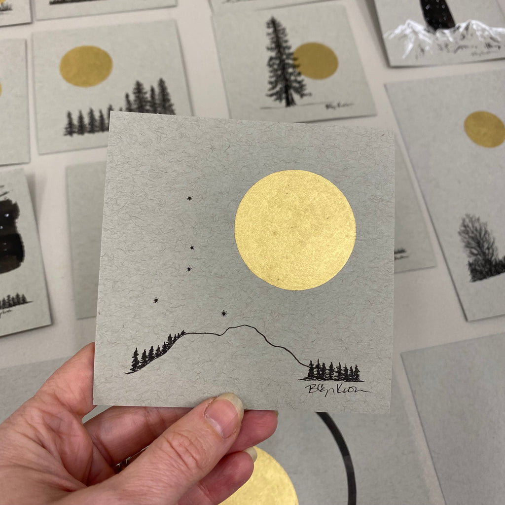 Giant Full Moon with Cancer Constellation - Grey and Gold Collection #42 - Original drawing - 4"x4"