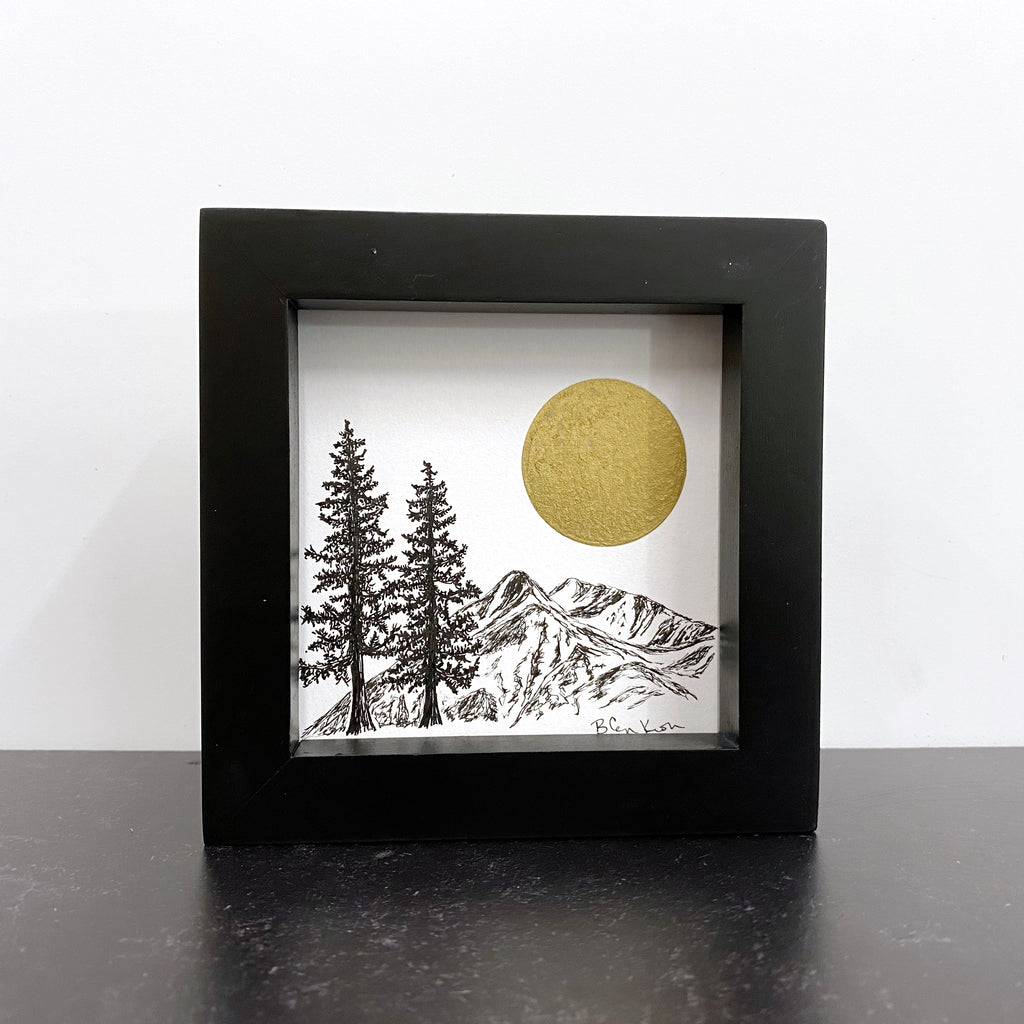 Mountain and trees and full moon - Original Drawing - 4" x 4"
