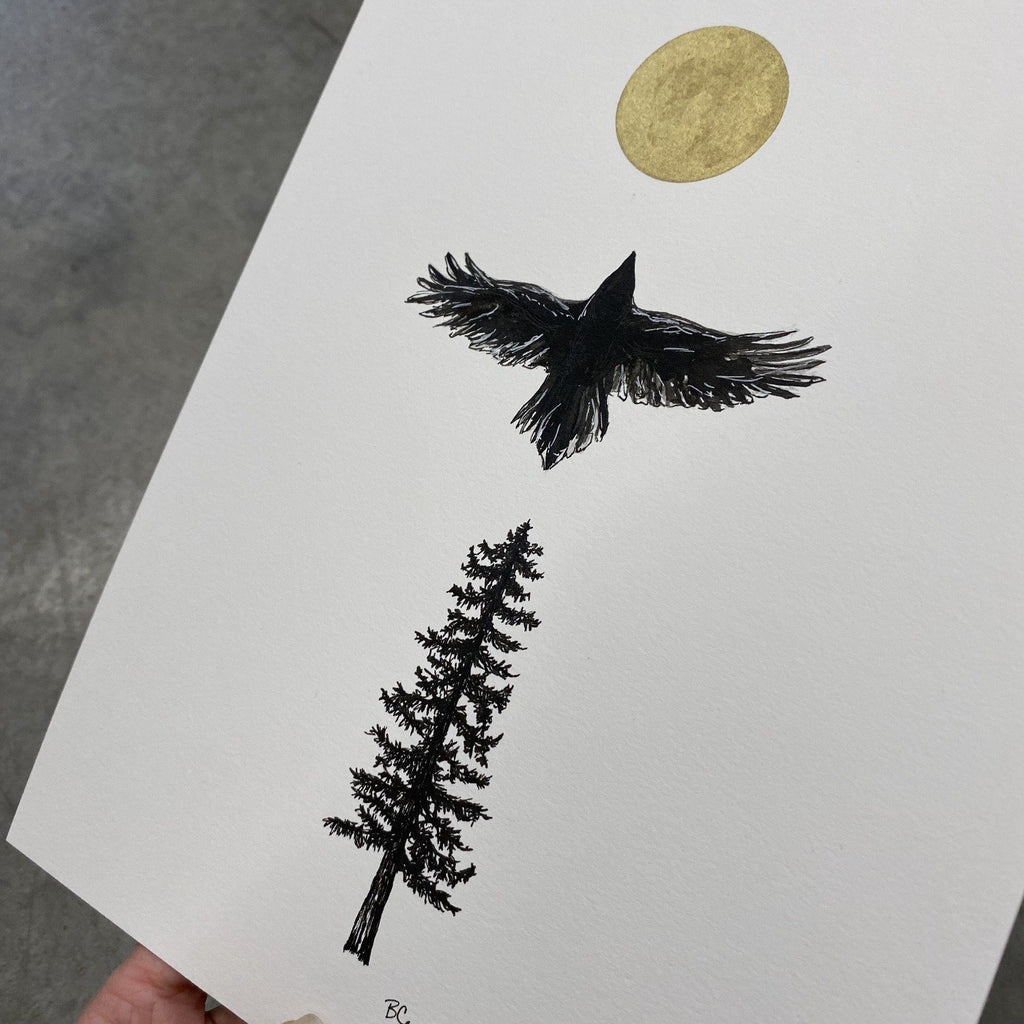 Raven - Art Print - hand embellished - Print to Order