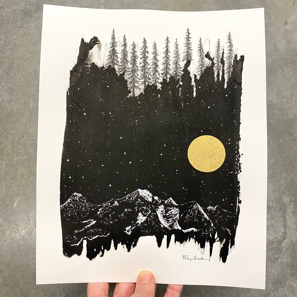 Beauty in the Upside Down 68 - Snowy Mountain, Tall Trees - Original Drawing - 8”x10”