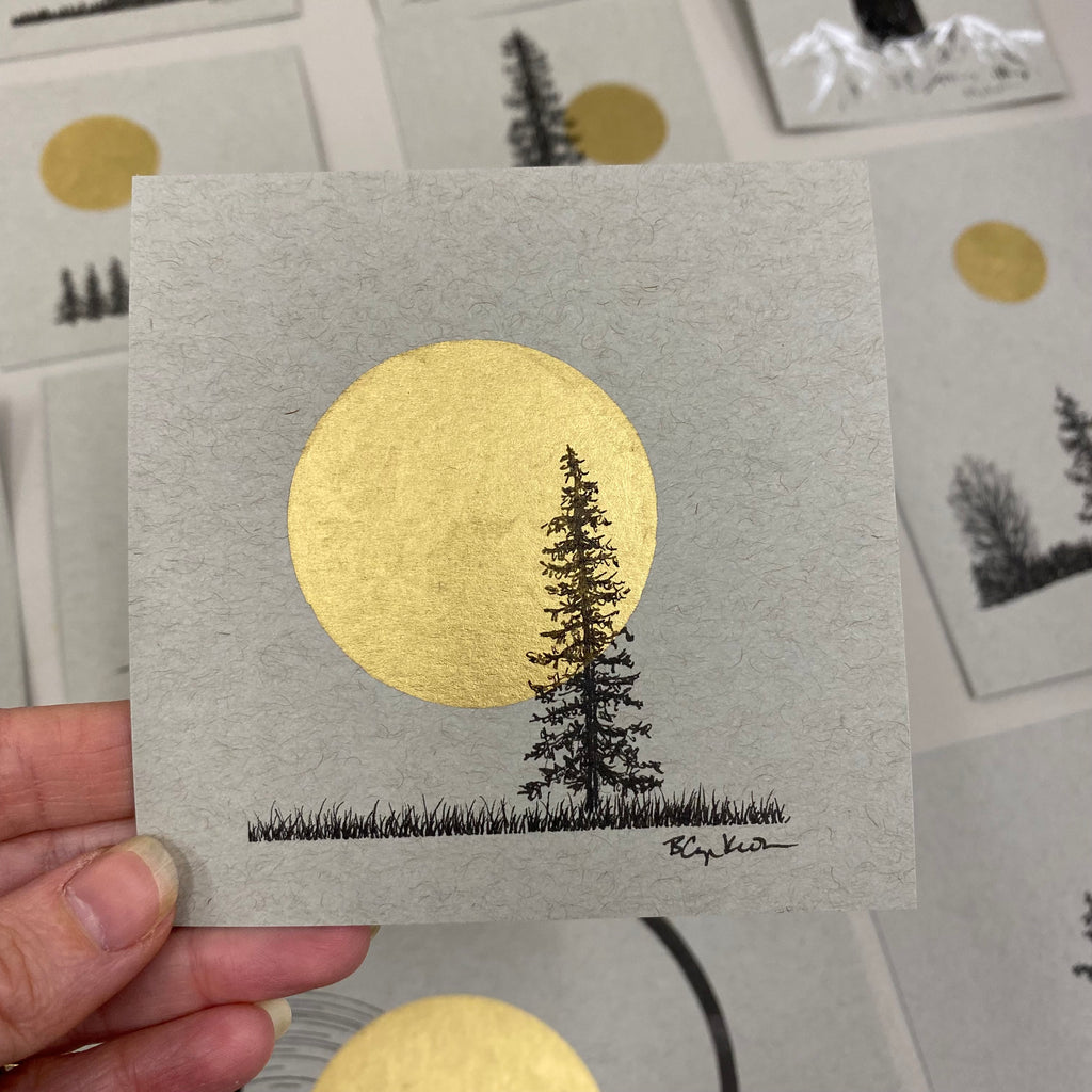 Large Full Moon in a Field with Solo Tree - Grey and Gold Collection #45 - Original drawing - 4"x4"