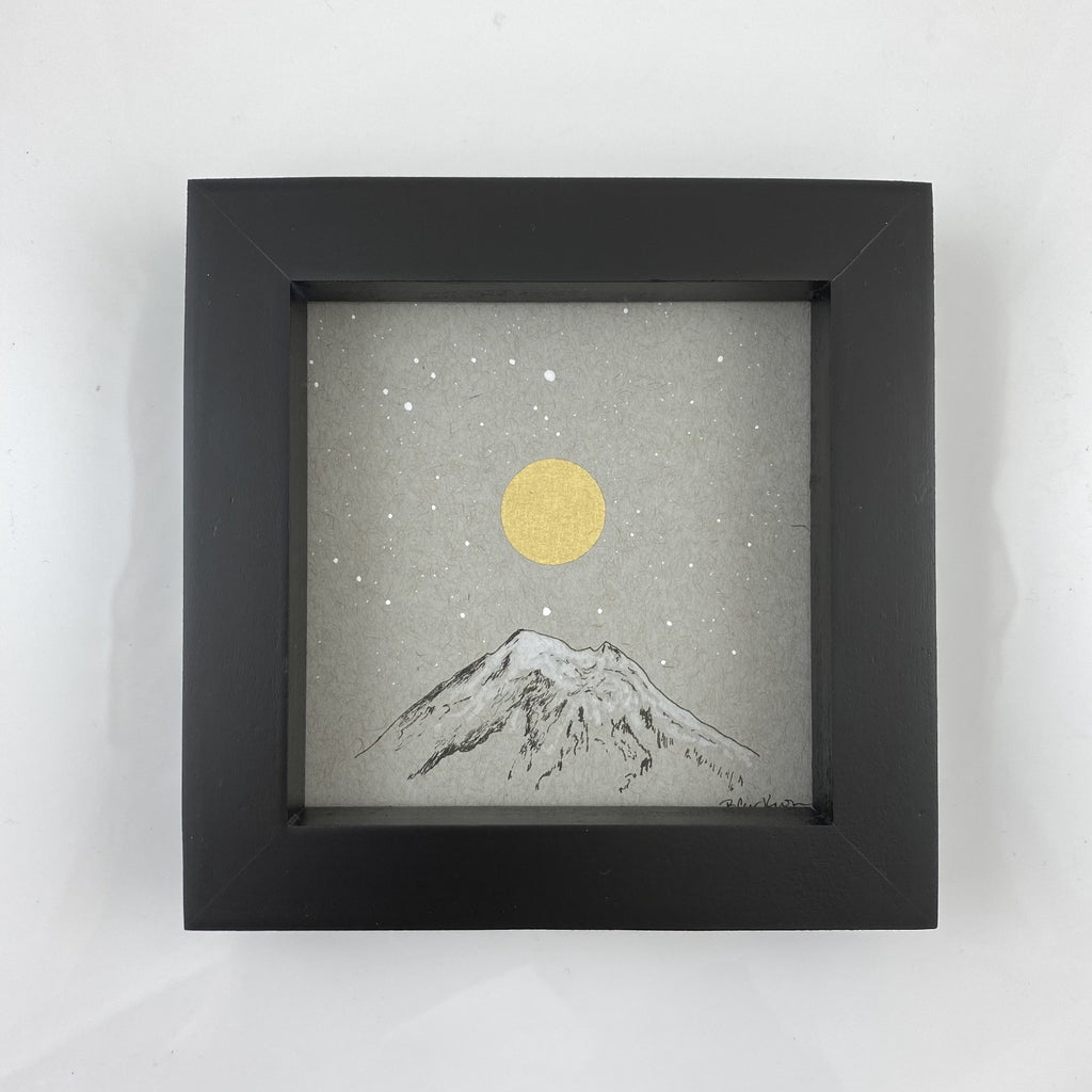 Mt. Baker Inspired Snowy Mountain and Moon with Little Dipper - Grey and Gold Collection #19 - Original drawing - 4"x4"
