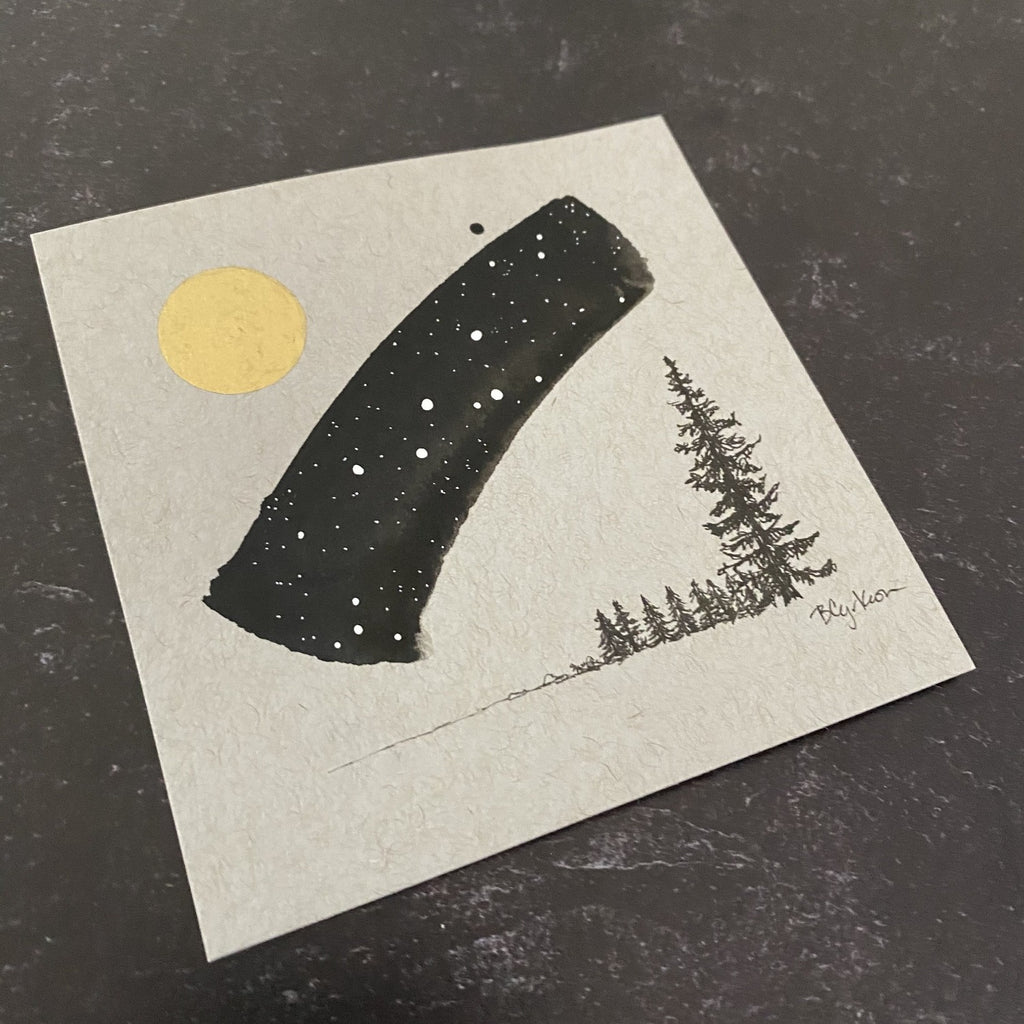 Cassiopeia, Moon and Tree Family - Grey and Gold Collection #4- Original drawing - 4"x4"