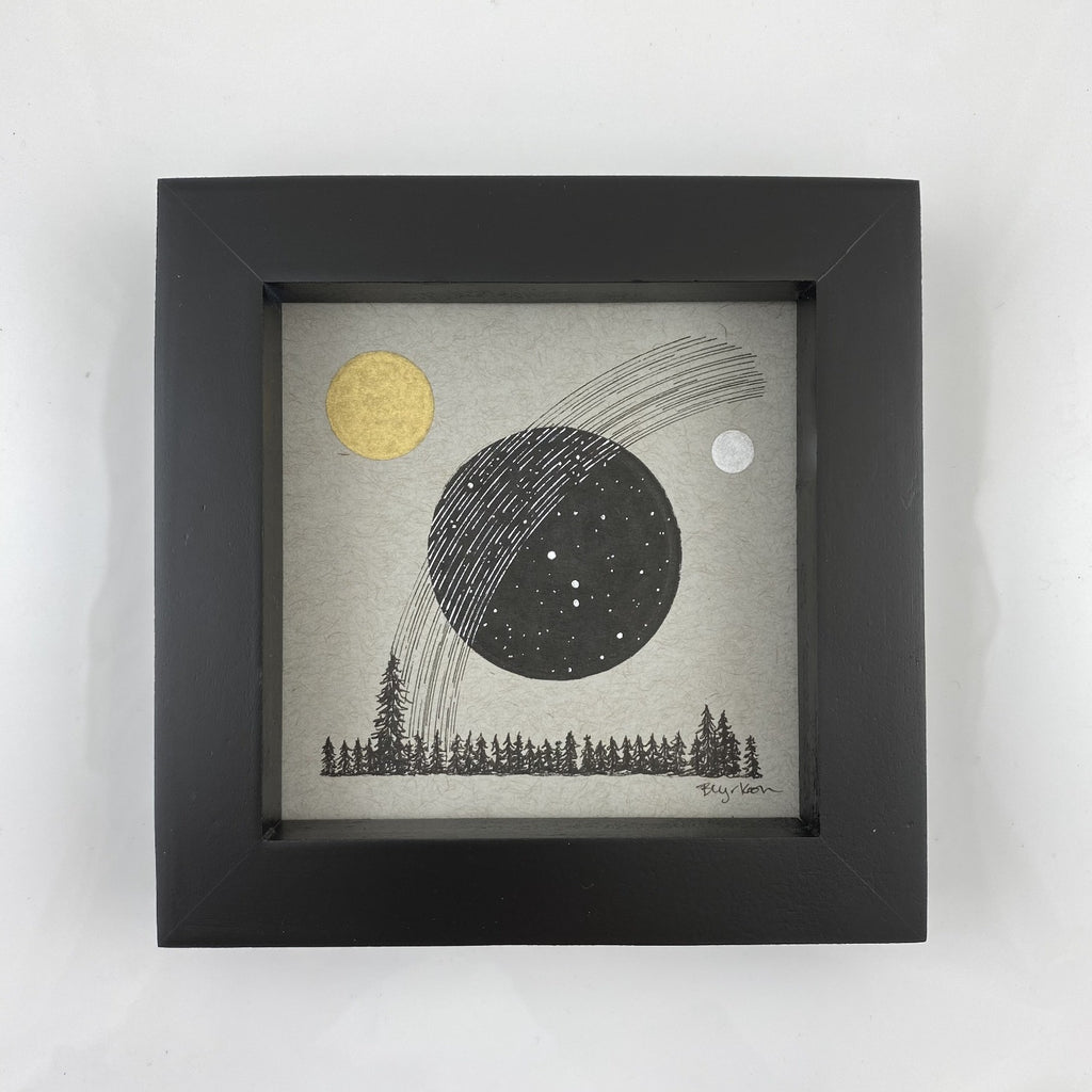 Aries, Star Trails, Sun and Moon over the Tree Line - Grey and Gold Collection #8 - Original drawing - 4"x4"