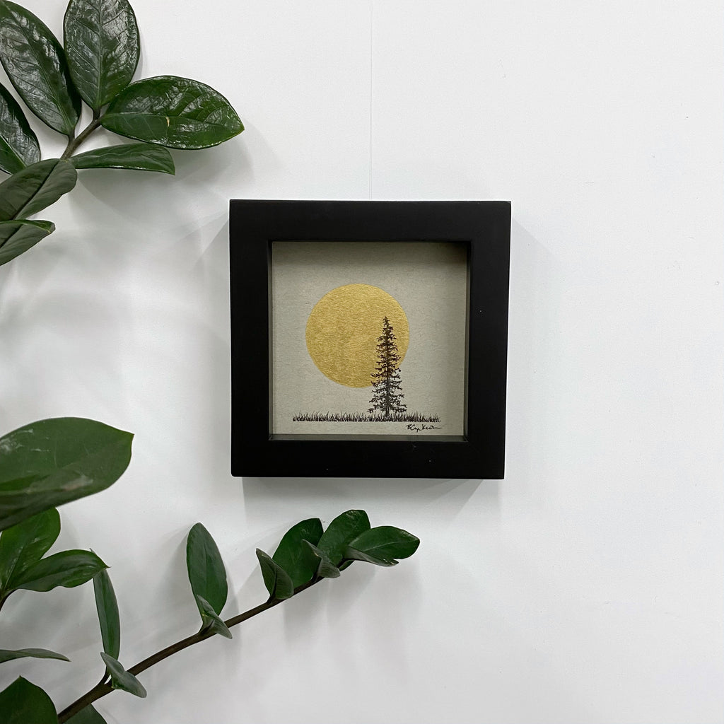 Large Full Moon in a Field with Solo Tree - Grey and Gold Collection #45 - Original drawing - 4"x4"