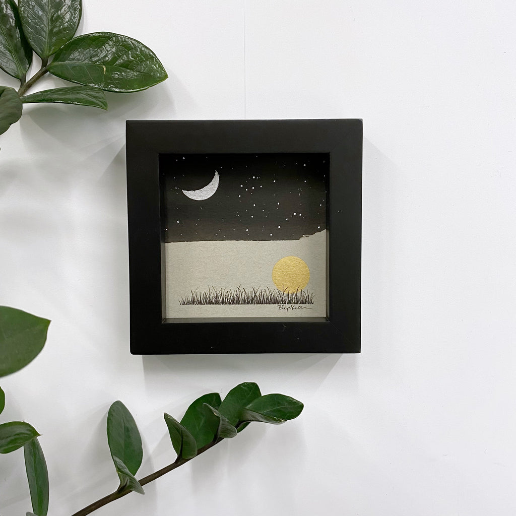 Sun and Moon and Gemini - Grey and Gold Collection #33 - Original drawing - 4"x4"