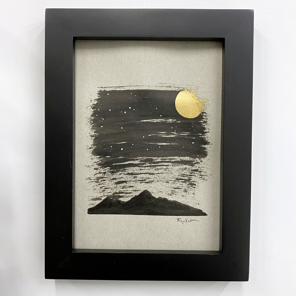 Dark and Cloudy Starry Night with Columba (Dove) Constellation and Mountain Silhouette - Grey and Gold Collection #47 - Original drawing - 5"x7"