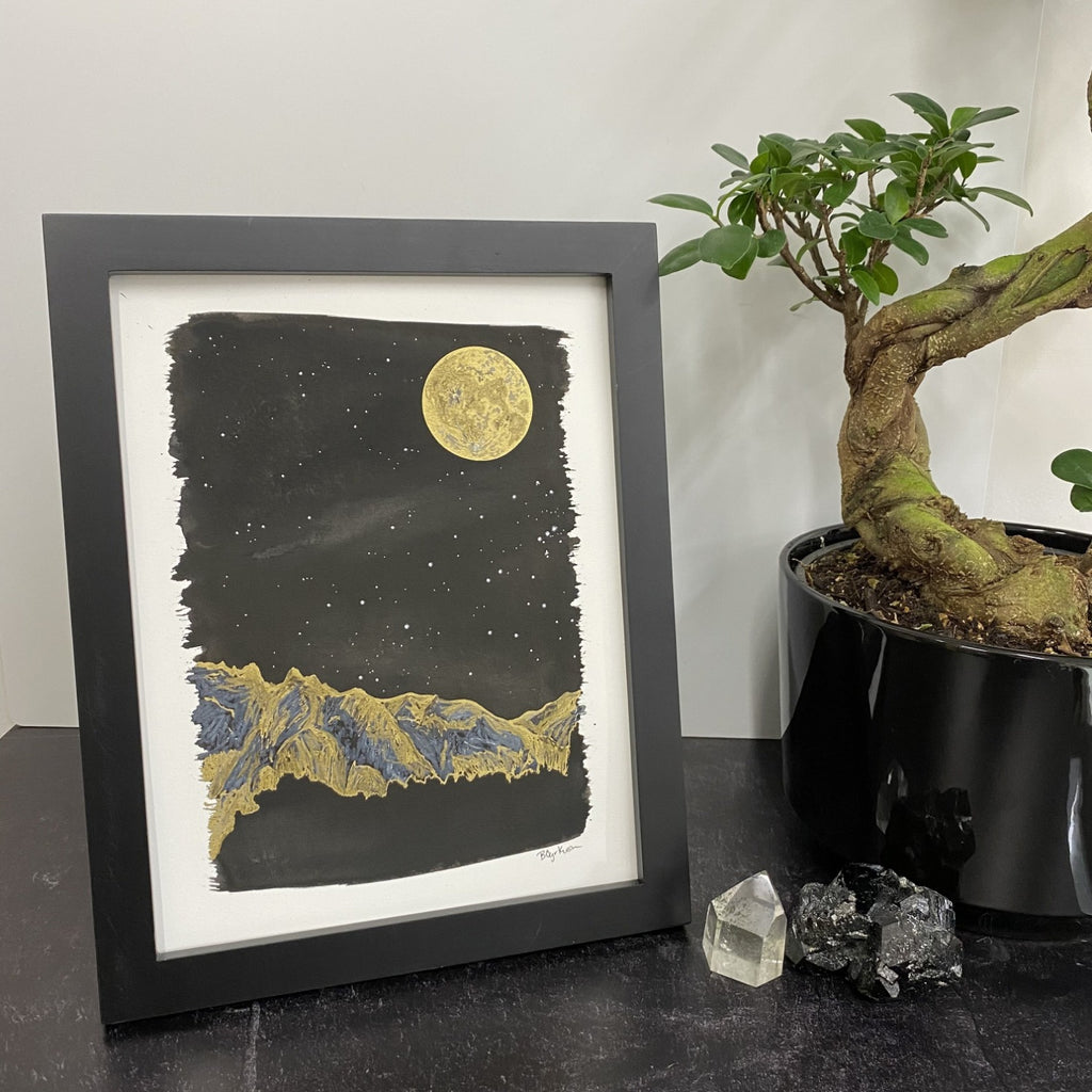 Winter Night Sky 28 - Golden mountains, monoceros, and full moon and - 8.5 x 11 - Original Drawing