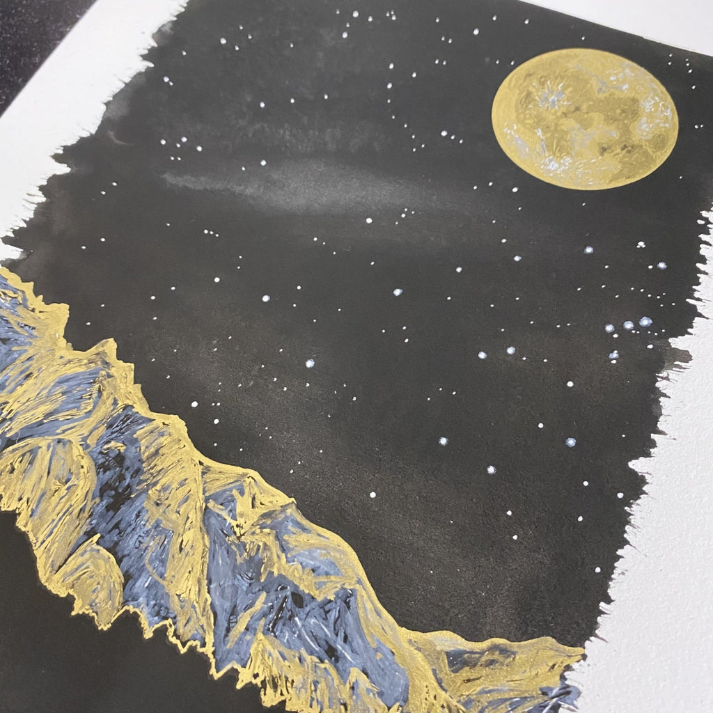 Winter Night Sky 28 - Golden mountains, monoceros, and full moon and - 8.5 x 11 - Original Drawing