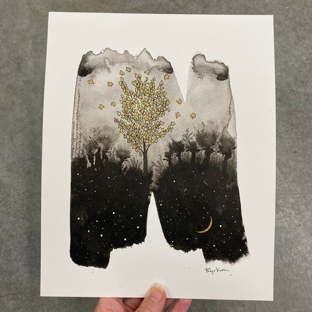 Beauty in the Upside Down 6 - Gold Leaves - Original Drawing - 8”x10”