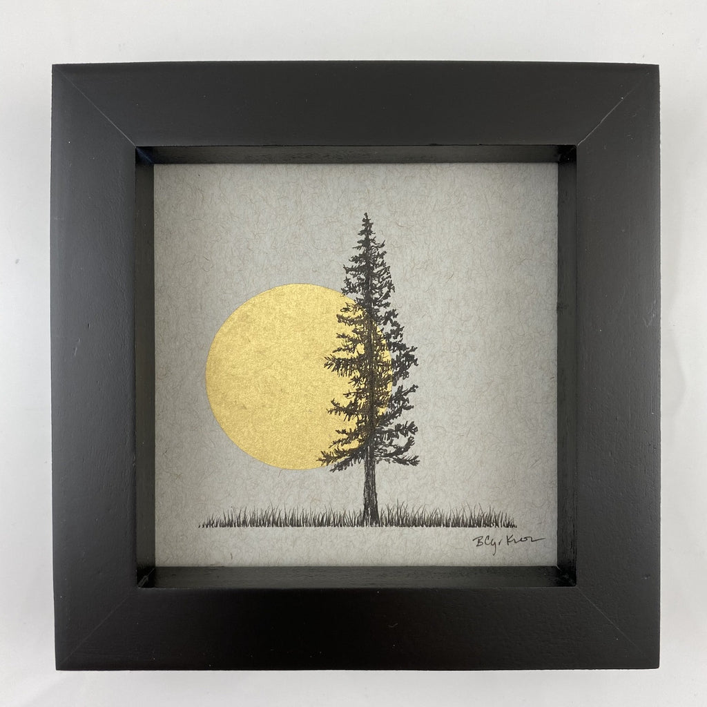 Giant Moon and Solo Tree in Field - Grey and Gold Collection #15 - Original drawing - 4"x4"