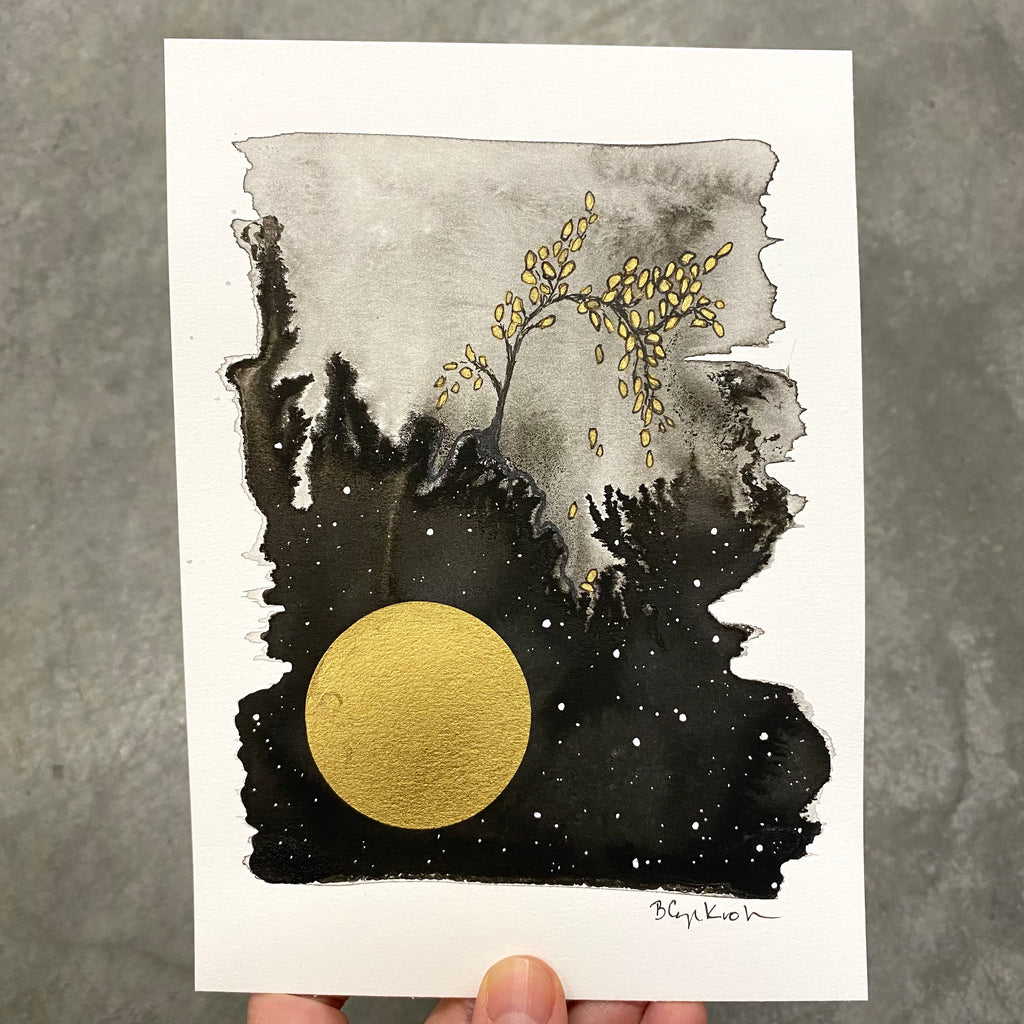 Beauty in the Upside Down 60 - Bendy tree, Large Moon - Original Drawing - 5”x7”