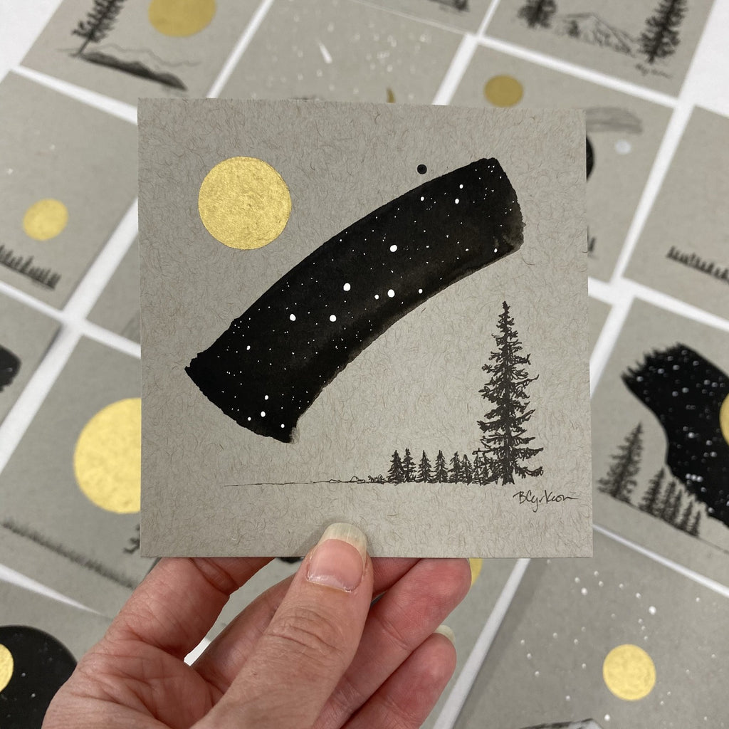 Cassiopeia, Moon and Tree Family - Grey and Gold Collection #4- Original drawing - 4"x4"