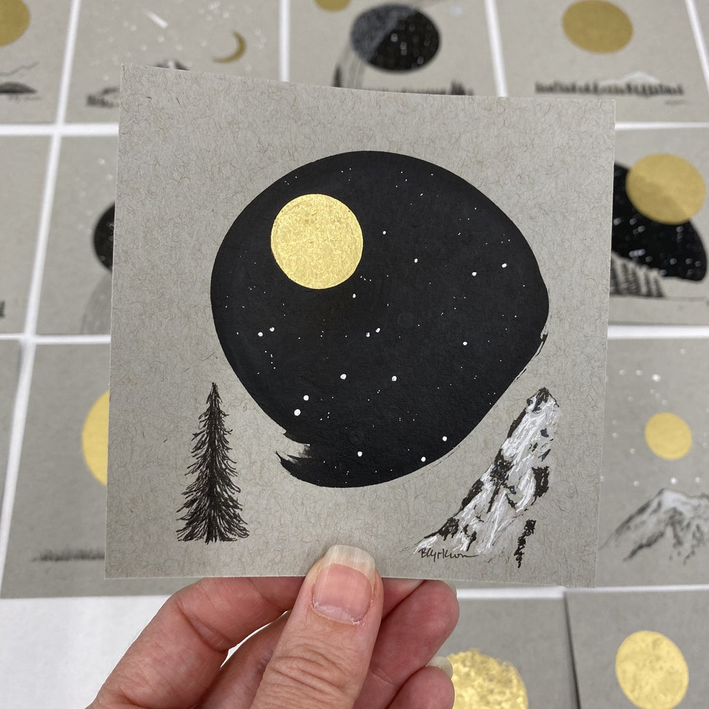 Lynx Constellation with Solo Tree and Steep Mountain - Grey and Gold Collection #22 - Original drawing - 4"x4"