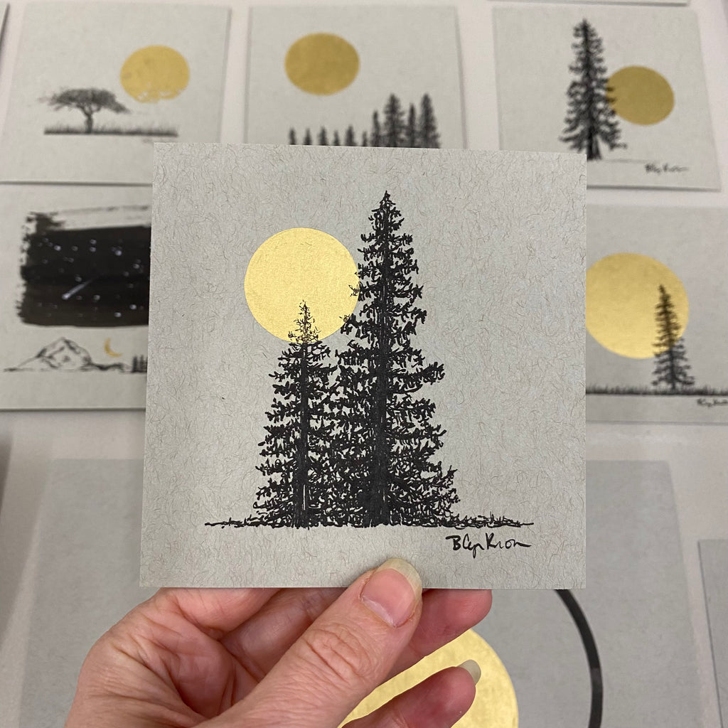 Tree Pair with Moon - Grey and Gold Collection #31 - Original drawing - 4"x4"