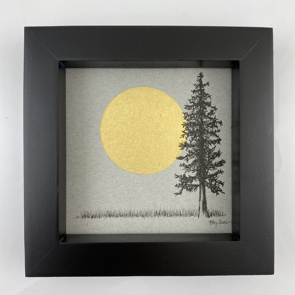 Supermoon and Solo Tree - Grey and Gold Collection #17 - Original drawing - 4"x4"