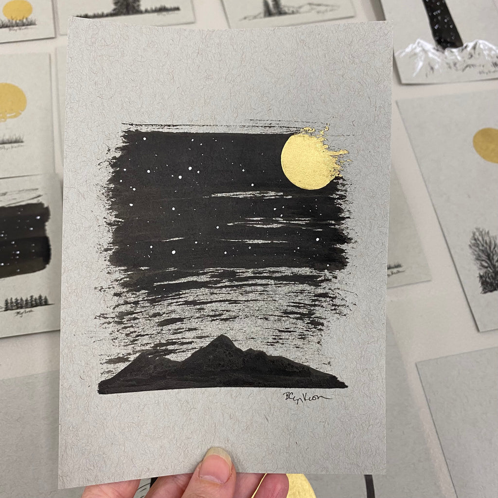 Dark and Cloudy Starry Night with Columba (Dove) Constellation and Mountain Silhouette - Grey and Gold Collection #47 - Original drawing - 5"x7"