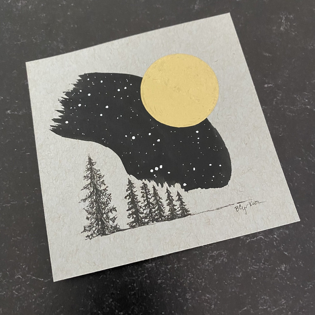 Full Moon, Tree Family, Partial Orion and Friends - Grey and Gold Collection #14 - Original drawing - 4"x4"