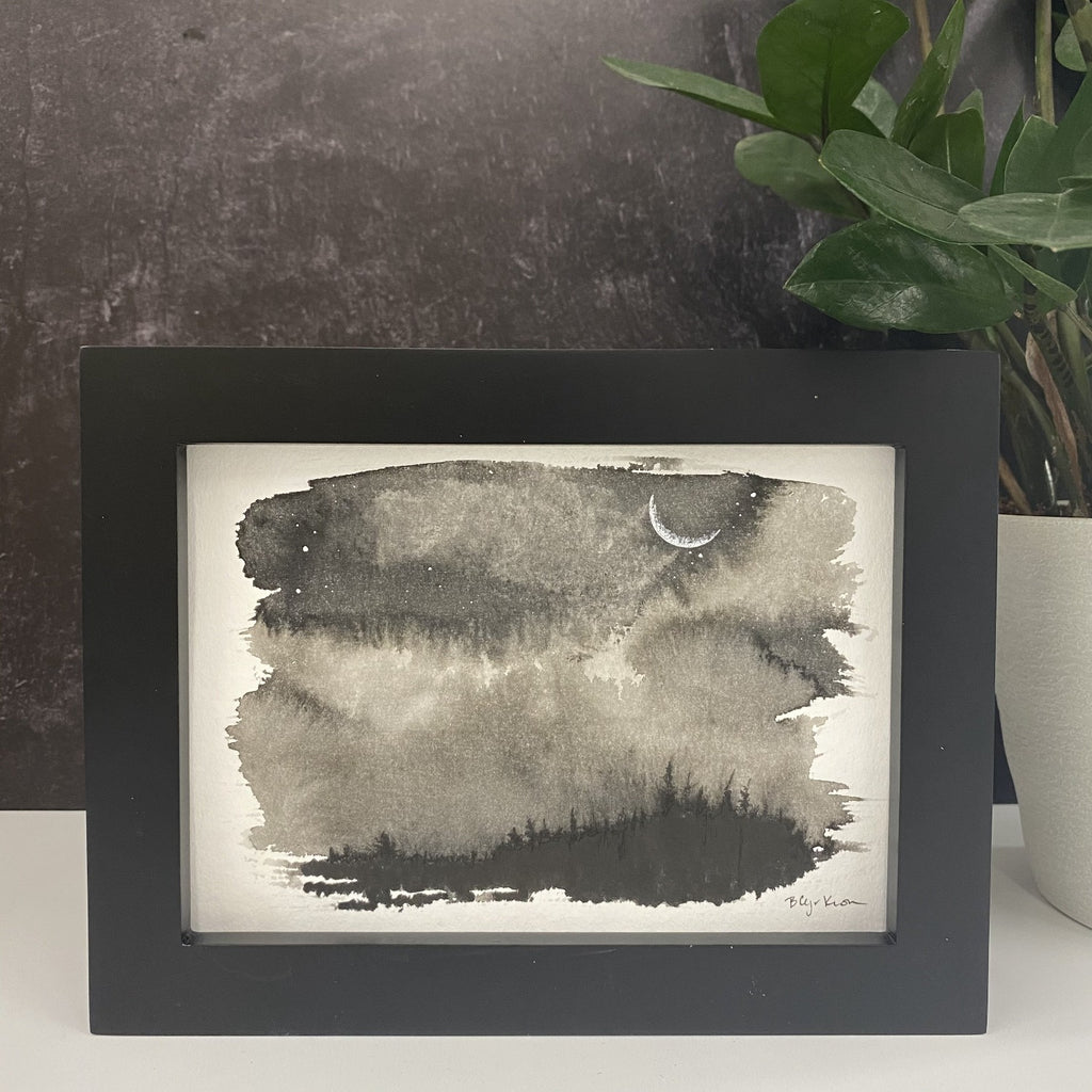 Winter Night Sky 6 - Moody clouds and a crescent moon - 5 x 7 - Original Drawing