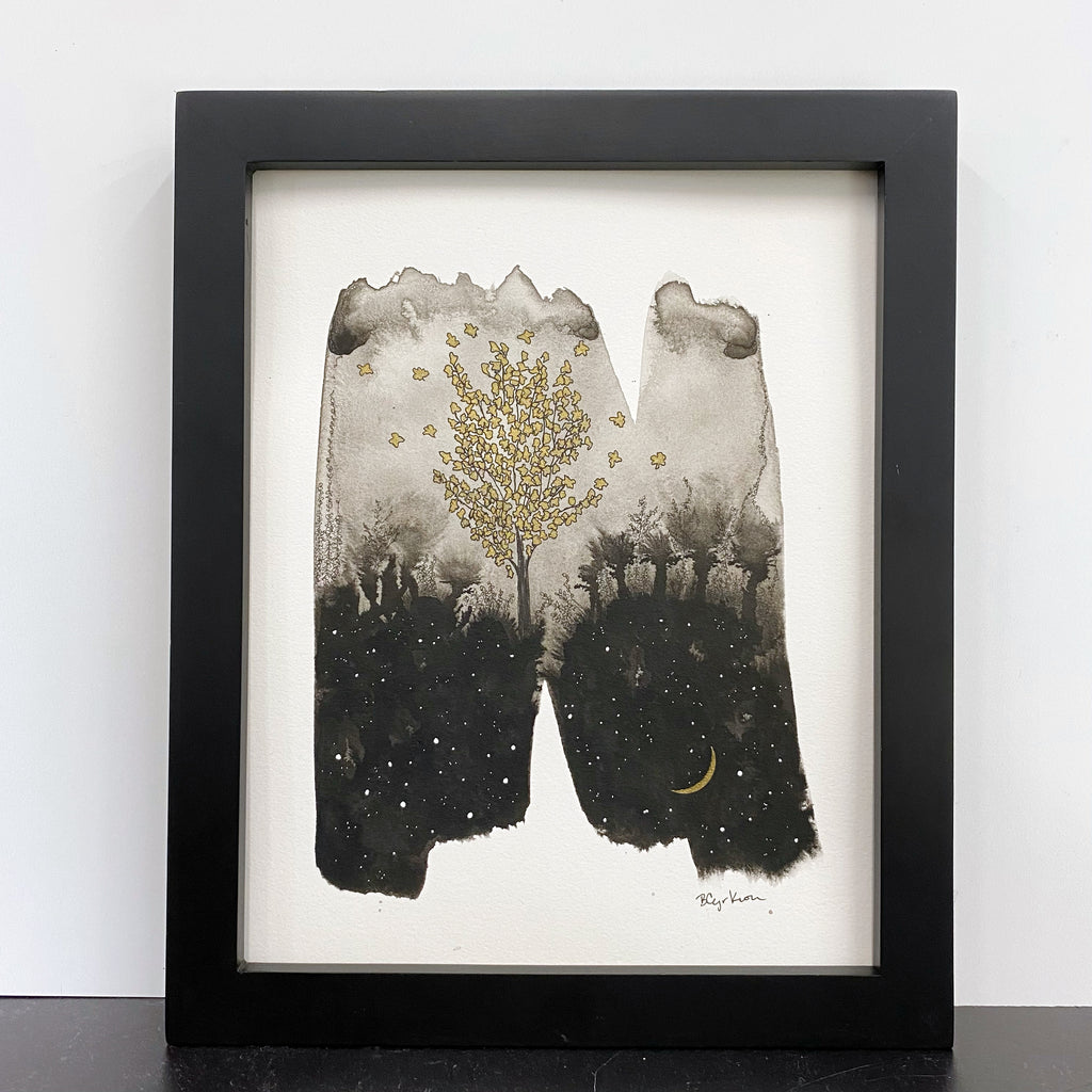 Beauty in the Upside Down 6 - Gold Leaves - Original Drawing - 8”x10”