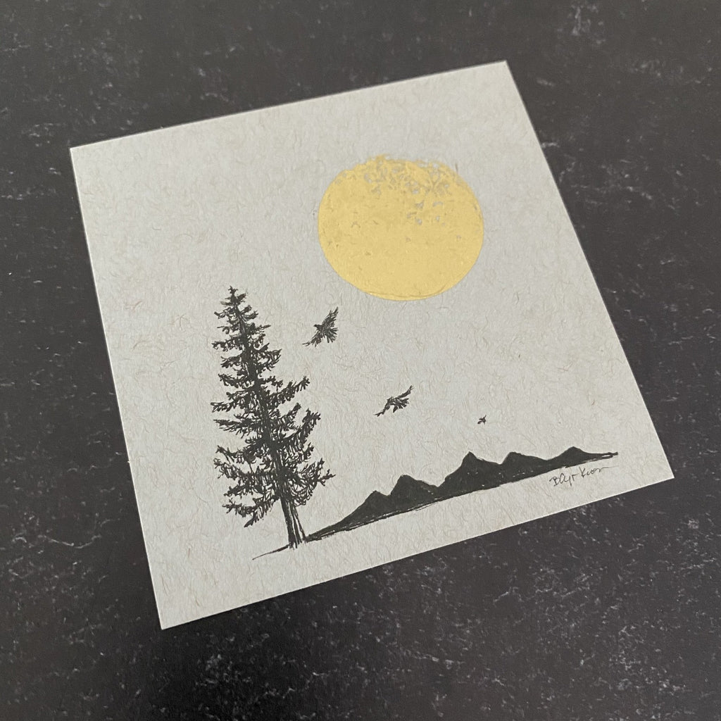 Bird and Mountain Silhouettes, Tree and Moon - Grey and Gold Collection #23 - Original drawing - 4"x4"