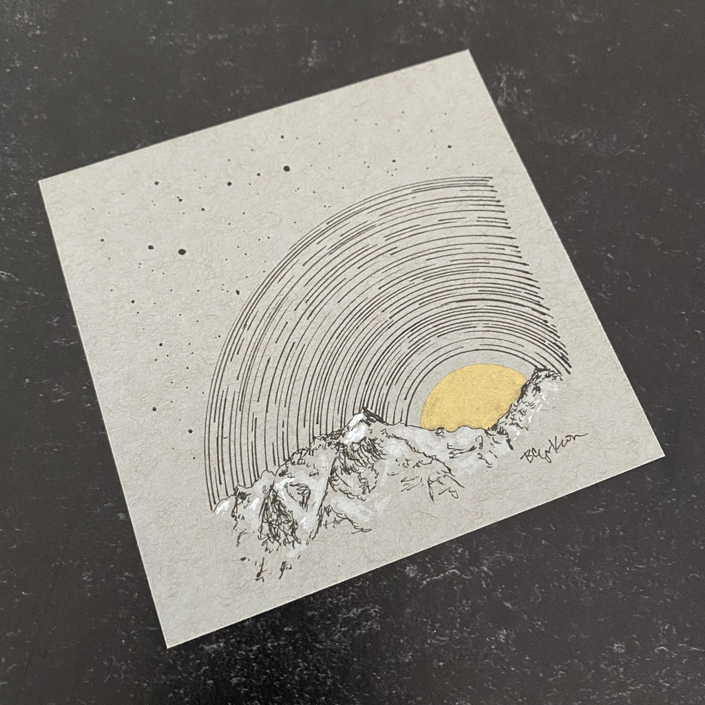 Star Trails over the Rising Moon and Mountains with Little Dipper - Grey and Gold Collection #10 - Original drawing - 4"x4"