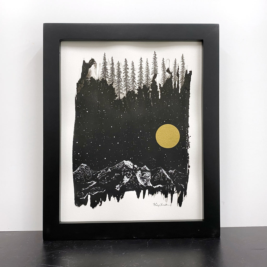 Beauty in the Upside Down 68 - Snowy Mountain, Tall Trees - Original Drawing - 8”x10”
