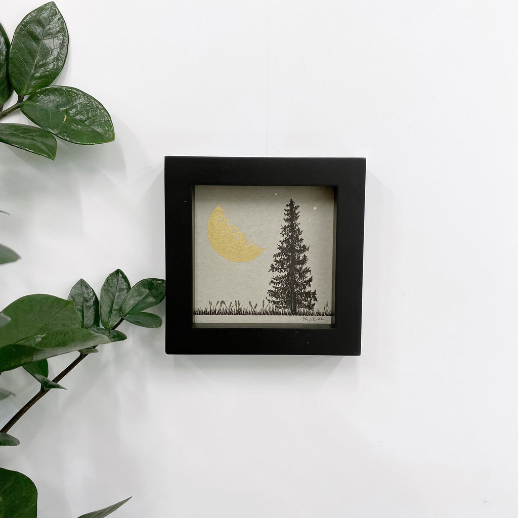 Half Moon, Large Tree on a Summer Night - Grey and Gold Collection #53 - Original drawing - 4"x4"
