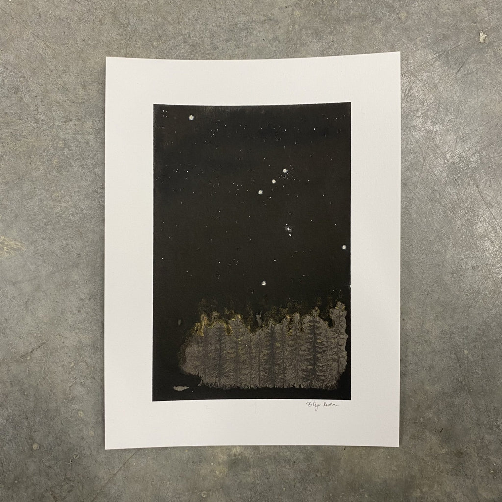 Winter Night Sky 25 - Orion over the misty trees - 6 x 8 - Original Drawing