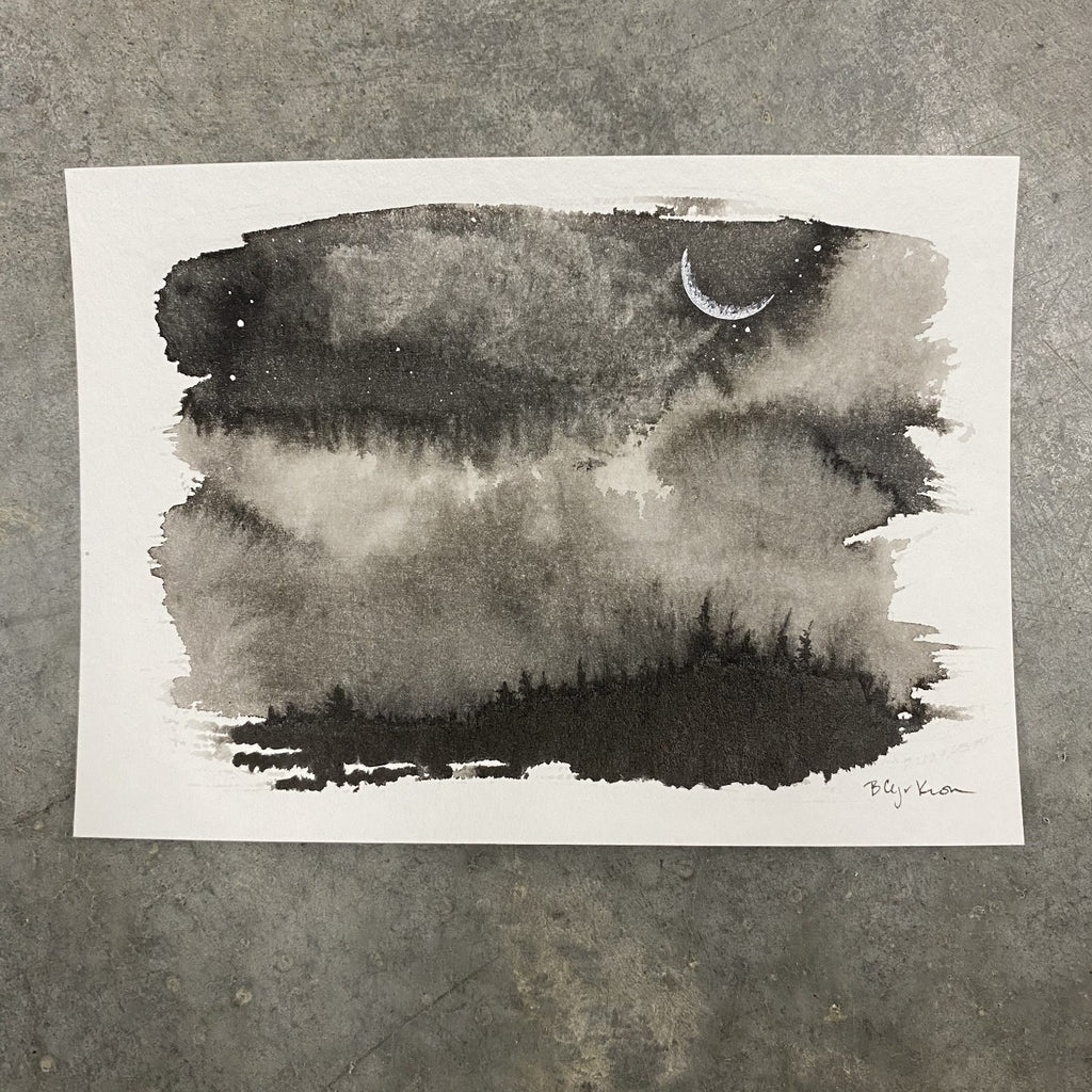 Winter Night Sky 6 - Moody clouds and a crescent moon - 5 x 7 - Original Drawing