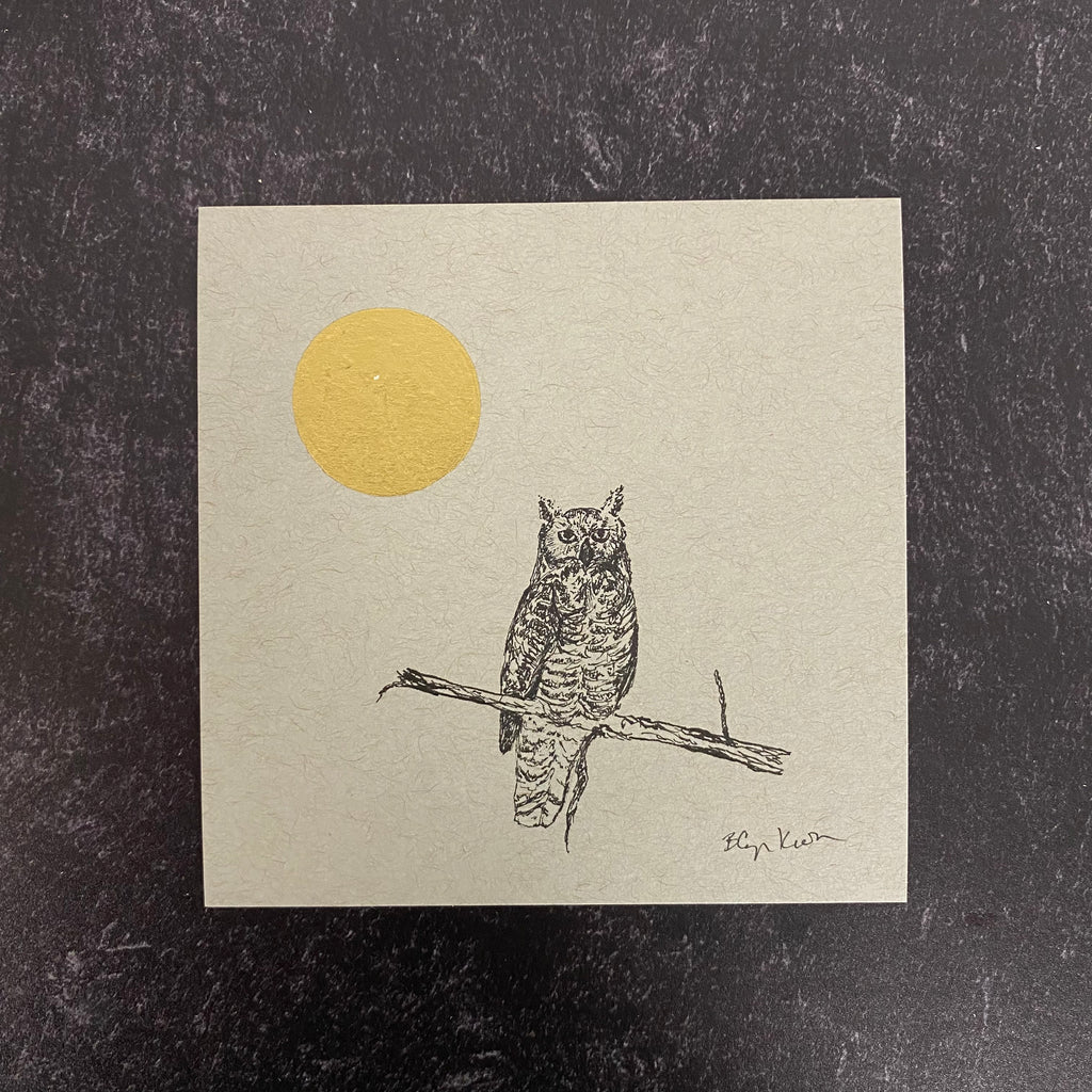 Owl says hi - Grey and Gold Collection #61 - Original drawing - 4"x4"