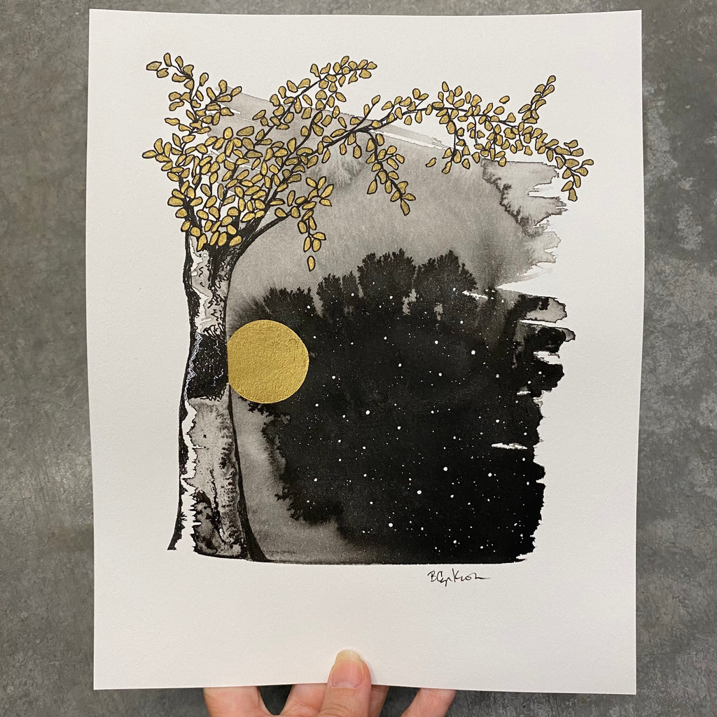 Beauty in the Upside Down 44 - Moonlit Bark and Golden Leaves - Original Drawing - 8”x10”