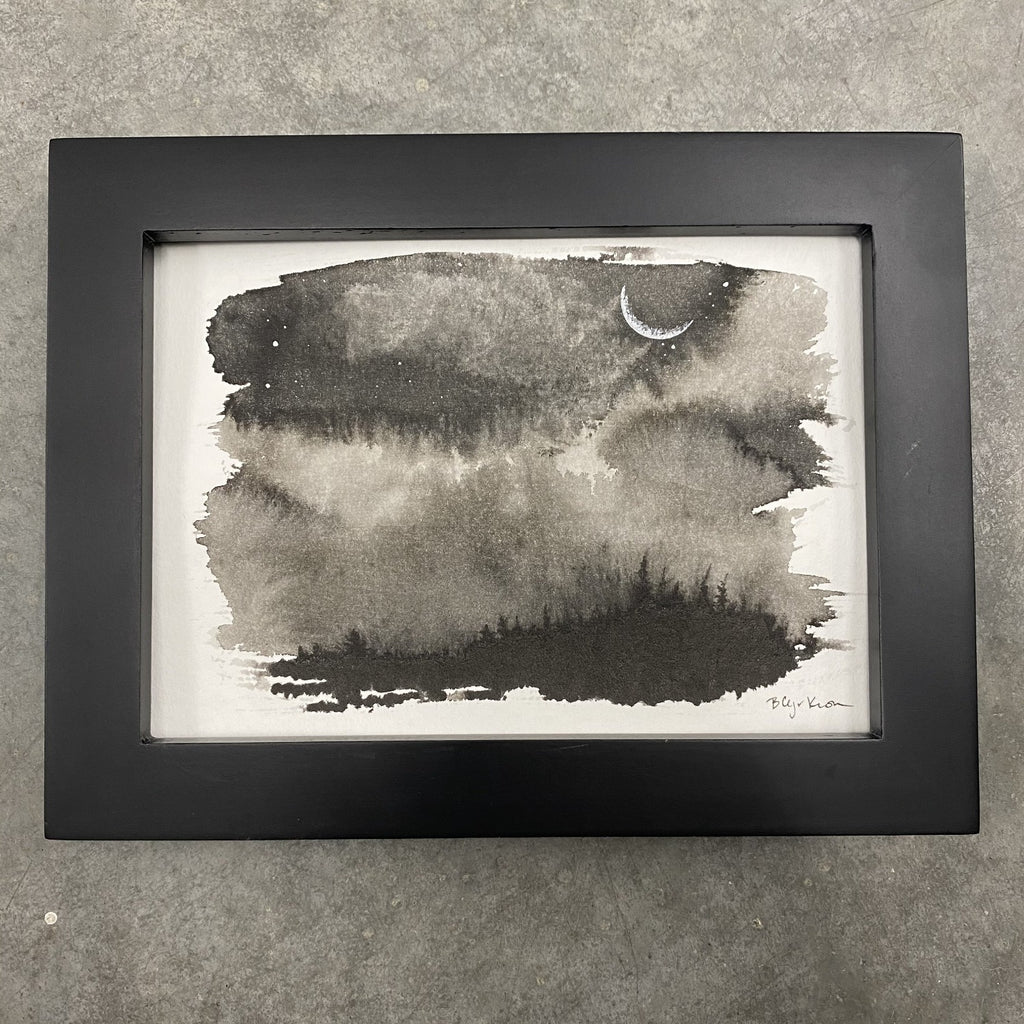 Winter Night Sky 6 - Moody clouds and a crescent moon - 5 x 7 - Original Drawing