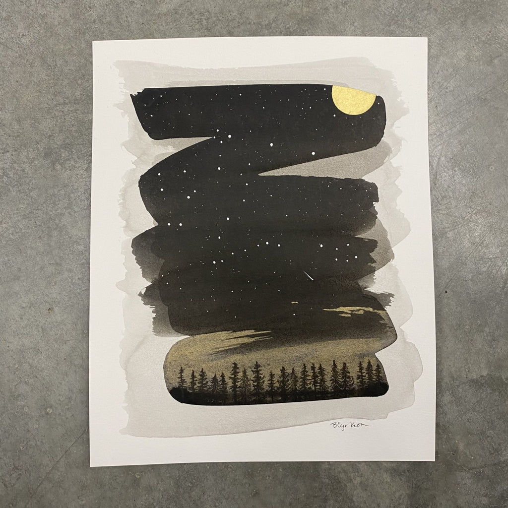 Winter Night Sky 27 - Pisces and Aquarius over golden clouds - 8 x 10 - Original Drawing