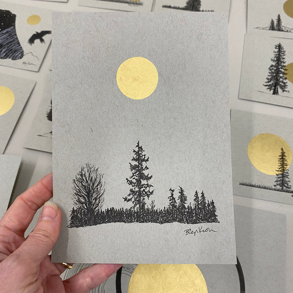 Winter Evening Full Moon - Grey and Gold Collection #49 - Original drawing - 5"x7"