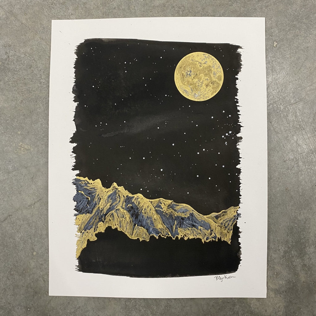 Winter Night Sky 28 - Golden mountains, monoceros, and full moon and - 8.5 x 11 - Original Drawing
