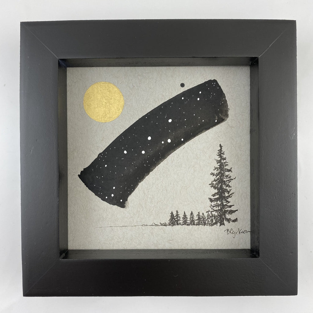Cassiopeia, Moon and Tree Family - Grey and Gold Collection #4- Original drawing - 4"x4"