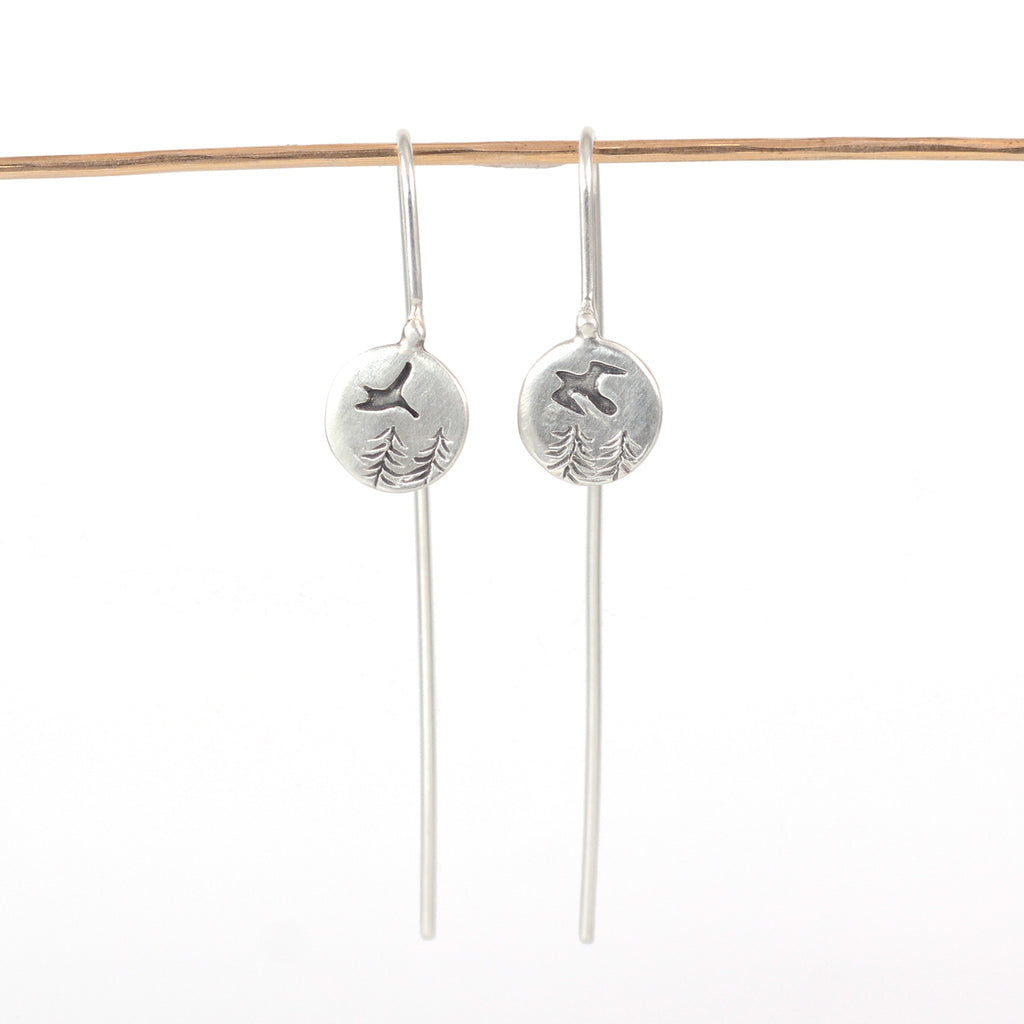 Landscape Earrings - Birds and Trees Sterling Silver Drop Dangle Earrings - Ready to Ship