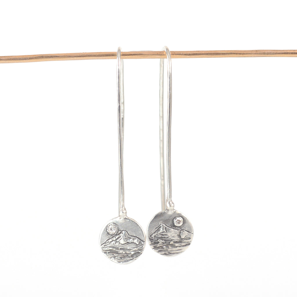 Landscape Earrings - Mountain, Water and Moissanite Moon Sterling Silver Drop Dangle Earrings - Ready to Ship
