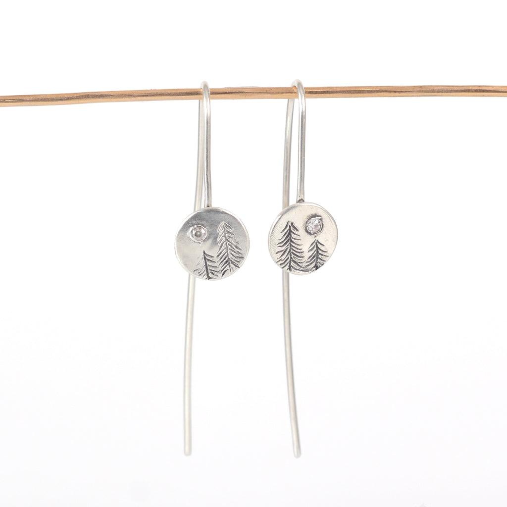 Landscape Earrings - Trees and Moissanite Moon Sterling Silver Drop Dangle Earrings - Ready to Ship