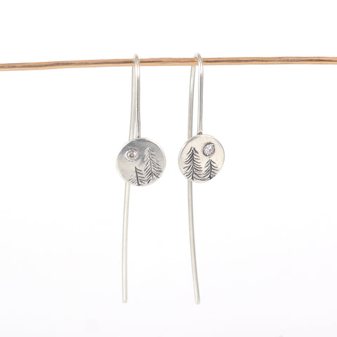 Landscape Earrings - Trees and Moissanite Moon Sterling Silver Drop Dangle Earrings - Ready to Ship