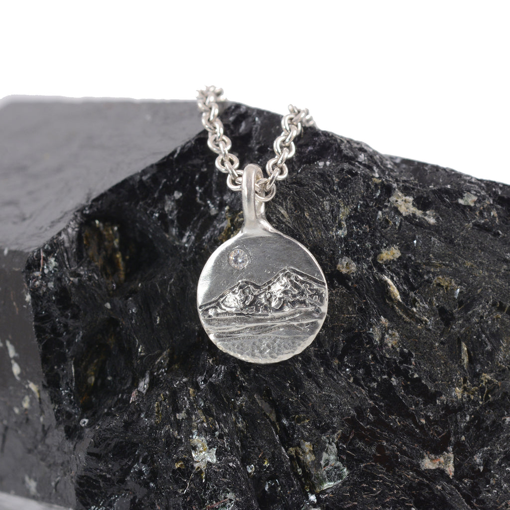 Landscape Pendant - Mountain, Sea and Sand and Moissanite - Sterling Silver - Ready to Ship