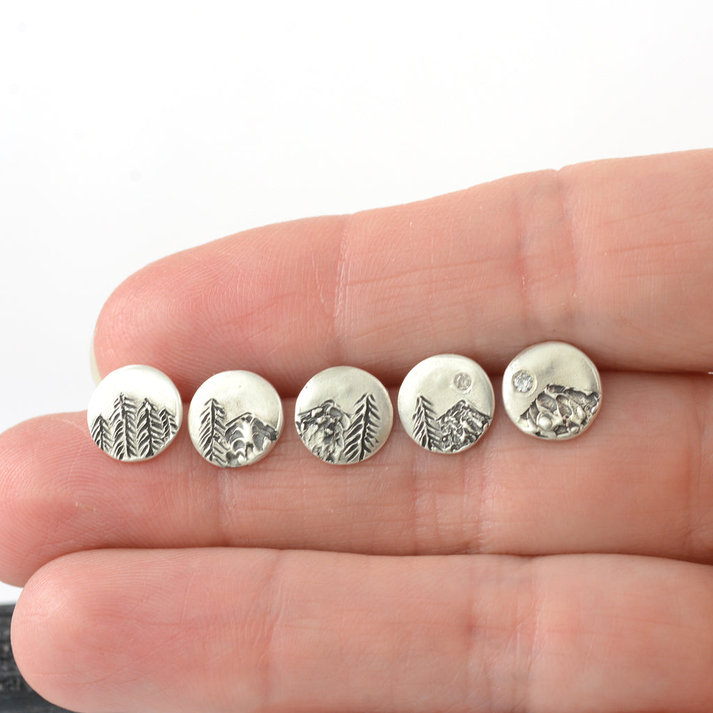 Landscape Earrings - Tree and Mountain Sterling Silver Post Earrings - Ready to Ship