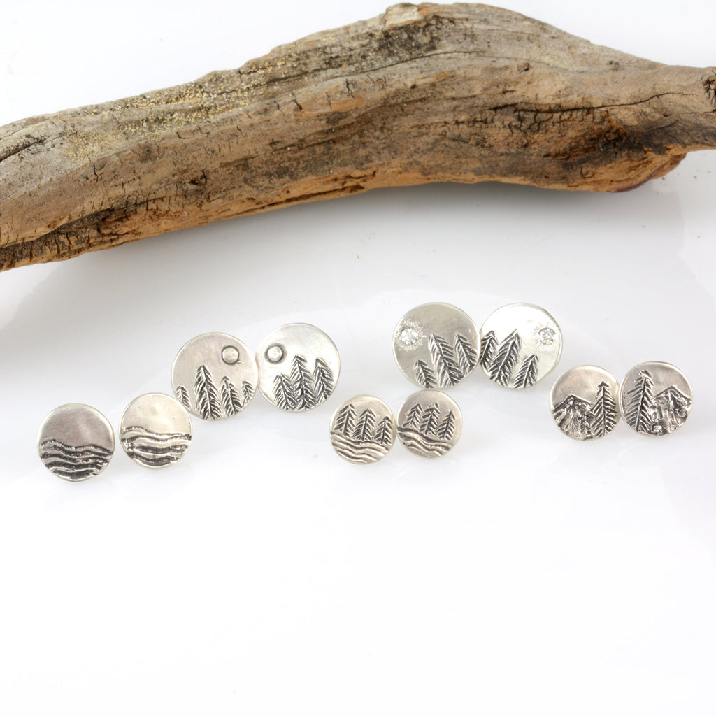 Landscape Earrings - Tree line and Full Moon Sterling Silver Post Earrings - Ready to Ship