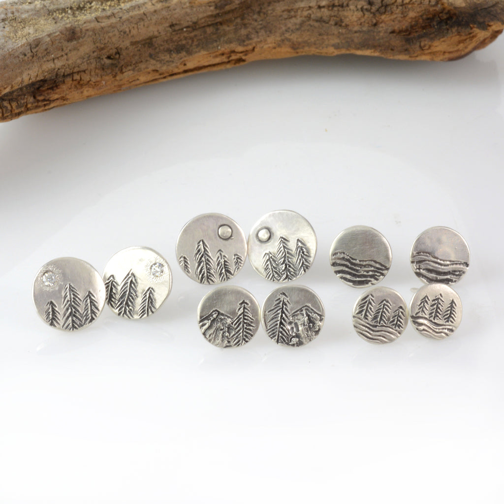 Landscape Earrings - Tree line and Full Moon Sterling Silver Post Earrings - Ready to Ship