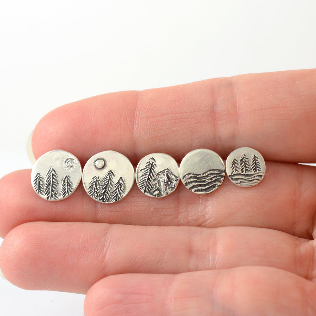 Landscape Earrings - Tree line and Full Moon Sterling Silver Post Earrings - Ready to Ship