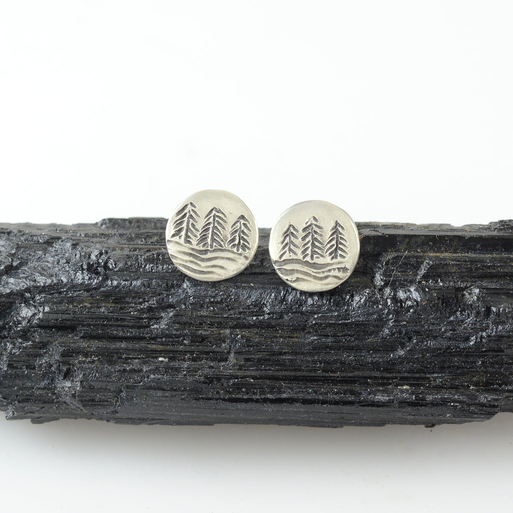 Landscape Earrings - Tree line and Full Moon Sterling Silver Post Earrings - Ready to Ship