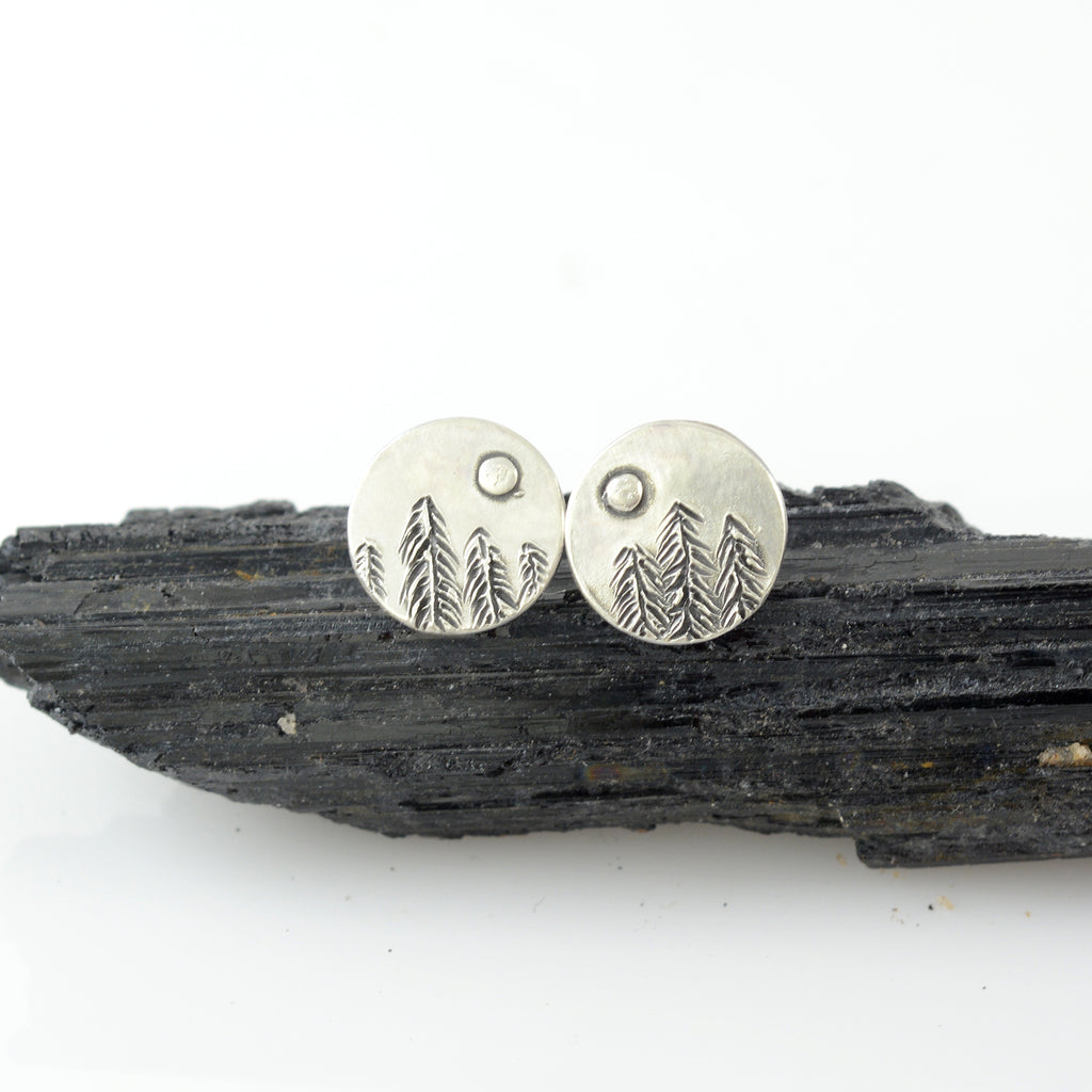Landscape Earrings - Tree line and Full Moon Sterling Silver Post Earrings - Ready to Ship